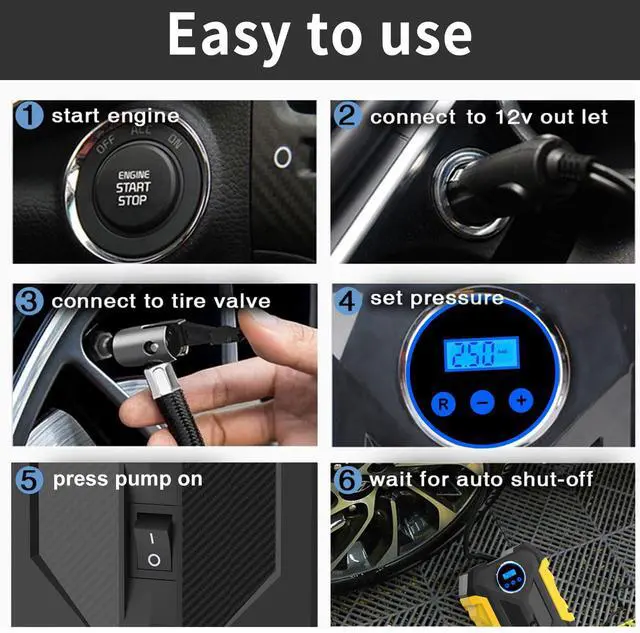 Alt view image 6 of 7 - Hoegoa Digital Air Compressor 12V DC Portable Tire Inflator for Car, SUV, Motorcycle, Bike, 150 PSI Auto-Shutoff, LED Light, Fast 25L/Min Pump, Plug-and-Play Auto Pump Kit