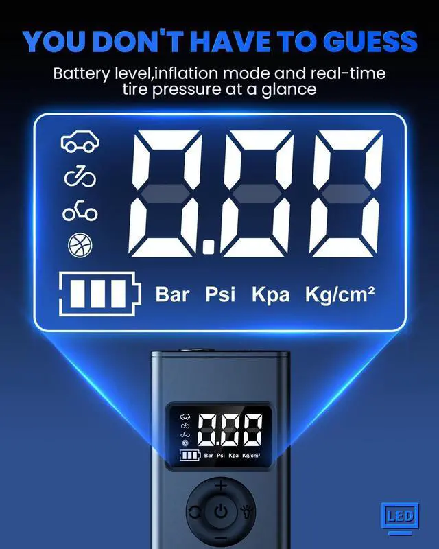 Alt view image 5 of 7 - _Mega Brand Tire Inflator Portable Air Compressor, 160PSI Air Pump for Car Tires with Digital Pressure Gauge, LED Light and Auto Shut-Off Function, for Car/Motorcycle/Bike/Ball
