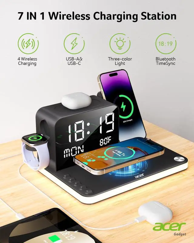 Alt view image 2 of 7 - _Mega Brand Wireless Charging Station: Charger Stand for Multiple Devices for Apple - iPhone 16 15 14 13 12 Pro Max Apple Watch Airpods, Wireless Charger iPhone Charging Station with Bluetooth TimeSyn