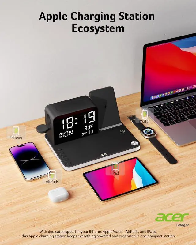 Alt view image 3 of 7 - _Mega Brand Wireless Charging Station: Charger Stand for Multiple Devices for Apple - iPhone 16 15 14 13 12 Pro Max Apple Watch Airpods, Wireless Charger iPhone Charging Station with Bluetooth TimeSyn
