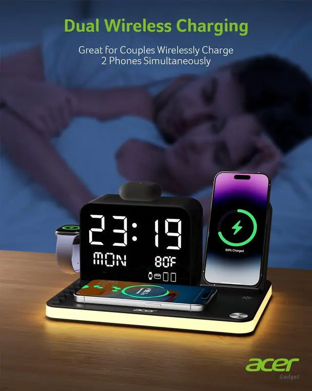 Alt view image 4 of 7 - _Mega Brand Wireless Charging Station: Charger Stand for Multiple Devices for Apple - iPhone 16 15 14 13 12 Pro Max Apple Watch Airpods, Wireless Charger iPhone Charging Station with Bluetooth TimeSyn