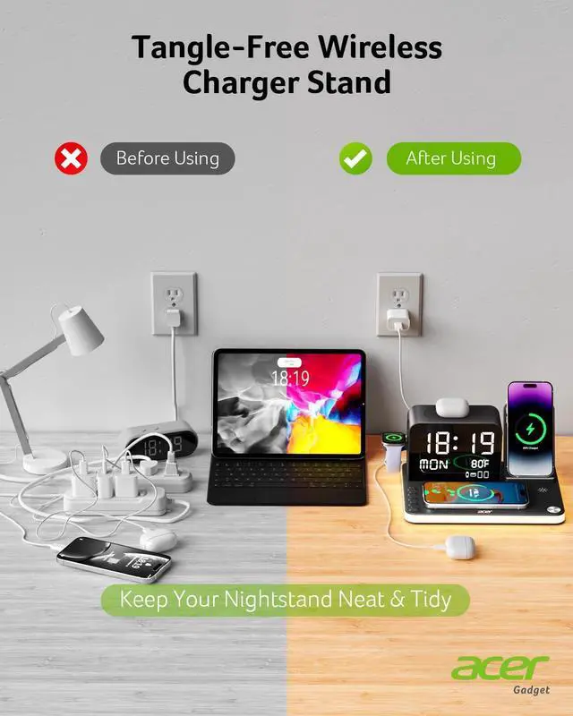 Alt view image 6 of 7 - _Mega Brand Wireless Charging Station: Charger Stand for Multiple Devices for Apple - iPhone 16 15 14 13 12 Pro Max Apple Watch Airpods, Wireless Charger iPhone Charging Station with Bluetooth TimeSyn