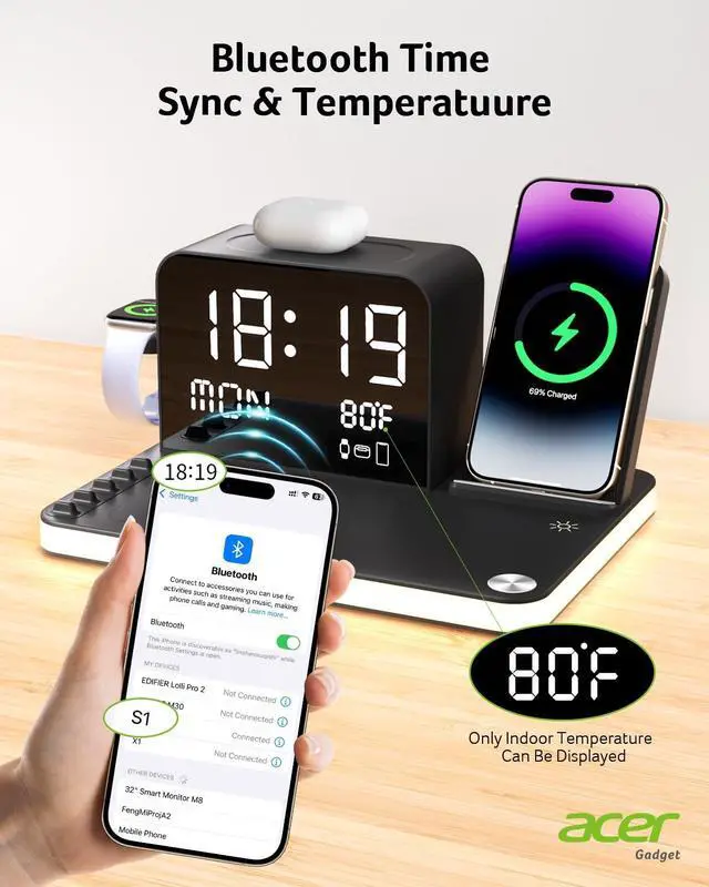 Alt view image 7 of 7 - _Mega Brand Wireless Charging Station: Charger Stand for Multiple Devices for Apple - iPhone 16 15 14 13 12 Pro Max Apple Watch Airpods, Wireless Charger iPhone Charging Station with Bluetooth TimeSyn