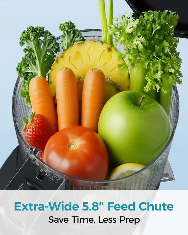 Alt view image 3 of 7 - Cold Press Juicer,  5.5" Extra Large Feed Chute Slow Masticating Juicer, 250W Juicer Machines, 99.6% High Juice Yield, Easy to clean, Reverse Function, for Whole Vegetables & Fruits. Sliver