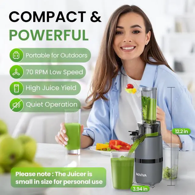 Alt view image 2 of 7 - _Mega Brand, Masticating Juicer Machines Compact, Slow Juicer with 70 RPM Low Speed, Juice Maker for Vegetable & Fruit, Portable Juice Extractor High Juice Yield & Easy to Clean, Grey