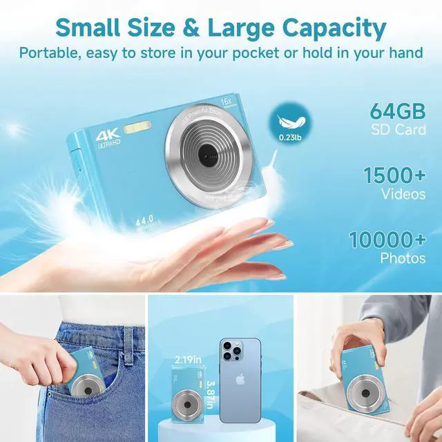 Alt view image 6 of 7 - _Mega Brand Digital Camera for Teens, FHD 4K 44MP with 64GB SD Card, 16X Digital Zoom, Compact Point Shoot Camera Blue