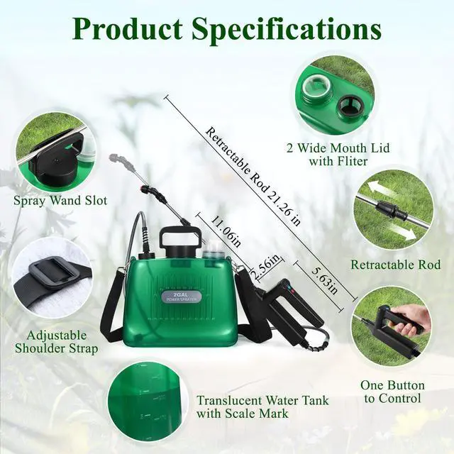 Alt view image 3 of 7 - _Mega Brand Battery Powered Sprayer 2 Gallon, Garden Sprayer with Upgraded Electric Rechargeable Handle, 5 Mist Nozzles, Transparent Tank with Scale Mark, Suitable for Lawn, Garden