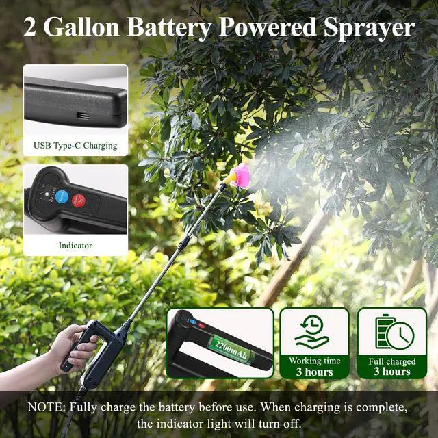 Alt view image 4 of 7 - _Mega Brand Battery Powered Sprayer 2 Gallon, Garden Sprayer with Upgraded Electric Rechargeable Handle, 5 Mist Nozzles, Transparent Tank with Scale Mark, Suitable for Lawn, Garden