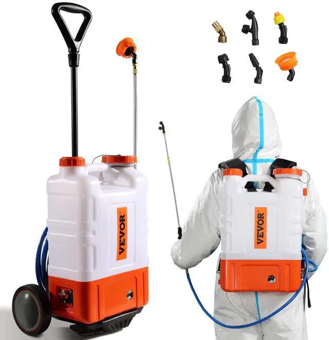 Main image of _Mega Brand Gallon Battery Powered Backpack Sprayer with Wheeled Cart, Adjustable 0-94 PSI, 13FT Hose, 6 Nozzles, 2 Wands Included, Wide Mouth Lid for Weeding, Cleaning, Long Spray Time, White+Orange