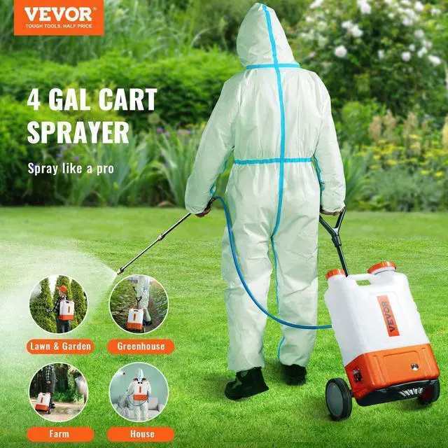 Alt view image 2 of 7 - _Mega Brand Gallon Battery Powered Backpack Sprayer with Wheeled Cart, Adjustable 0-94 PSI, 13FT Hose, 6 Nozzles, 2 Wands Included, Wide Mouth Lid for Weeding, Cleaning, Long Spray Time, White+Orange