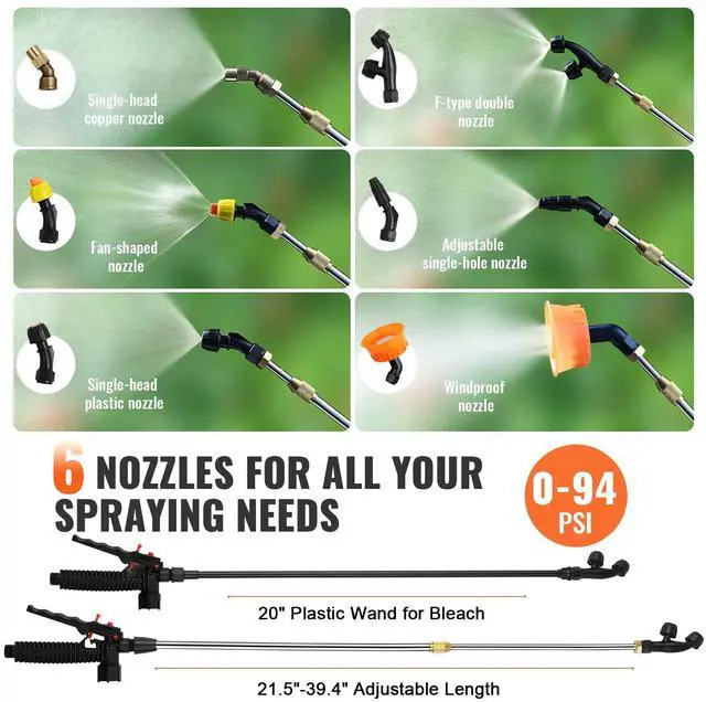Alt view image 4 of 7 - _Mega Brand Gallon Battery Powered Backpack Sprayer with Wheeled Cart, Adjustable 0-94 PSI, 13FT Hose, 6 Nozzles, 2 Wands Included, Wide Mouth Lid for Weeding, Cleaning, Long Spray Time, White+Orange