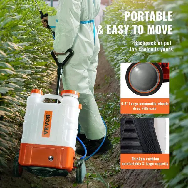 Alt view image 5 of 7 - _Mega Brand Gallon Battery Powered Backpack Sprayer with Wheeled Cart, Adjustable 0-94 PSI, 13FT Hose, 6 Nozzles, 2 Wands Included, Wide Mouth Lid for Weeding, Cleaning, Long Spray Time, White+Orange