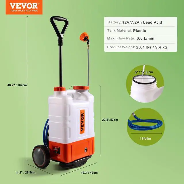 Alt view image 7 of 7 - _Mega Brand Gallon Battery Powered Backpack Sprayer with Wheeled Cart, Adjustable 0-94 PSI, 13FT Hose, 6 Nozzles, 2 Wands Included, Wide Mouth Lid for Weeding, Cleaning, Long Spray Time, White+Orange