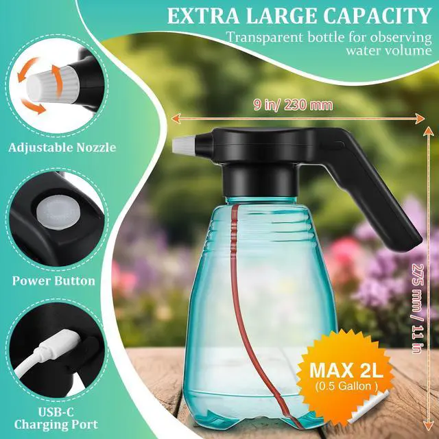 Alt view image 2 of 7 - _Mega Brand Electric Spray Bottle Plant Mister for Indoor Outdoor Plants, 0.5 Gallon Automatic Watering Can Rechargeable Battery Powered Sprayer with Adjustable Spout for Gardening, Fertilizing,