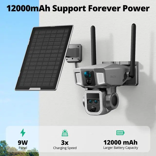 Alt view image 3 of 7 - _Mega Brand 4G LTE Cellular Security Camera, 4K Wireless Outdoor Solar Camera 12000mAh, 4G or WiFi Duo-Mode, 10x Optical Zoom, 360° Pan and Tilt AI Tracking, with SIM Card, IP66 Weather-Resistant