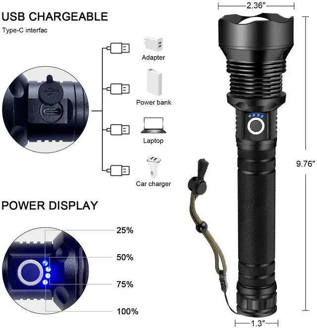 Alt view image 5 of 6 - OMALIGHT Rechargeable LED Flashlight, 90,000 Lumens Super Bright Tactical Flashlights with Zoomable 10 Modes Waterproof Flash Light for Camping Emergencies Outdoor Indoor