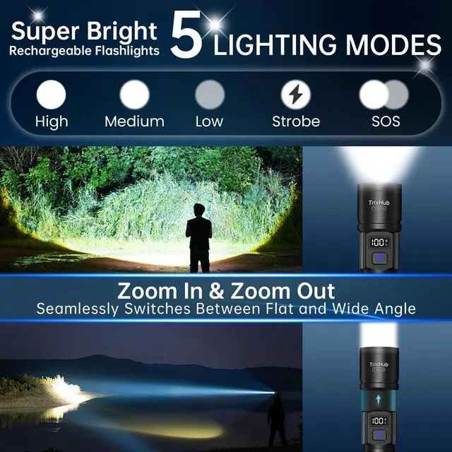 Alt view image 2 of 7 - _Mega Brand Rechargeable Flashlights 2 Pack, Super Bright High Lumens Flash Light, 5 Modes Zoomable Linternas with LCD Digital Display, Powerful Handheld LED Flashlights for Emergencies Camping