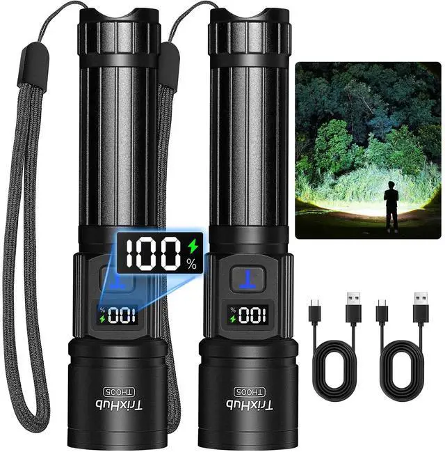 Main image of _Mega Brand Rechargeable Flashlights 2 Pack, Super Bright High Lumens Flash Light, 5 Modes Zoomable Linternas with LCD Digital Display, Powerful Handheld LED Flashlights for Emergencies Camping