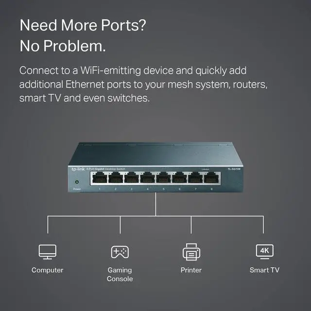 Alt view image 5 of 7 - TP-Link 8 Port Gigabit Ethernet Network Switch - Ethernet Splitter | Plug & Play | Fanless | Sturdy Metal w/ Shielded Ports | Traffic Optimization | Unmanaged | Lifetime Protection (TL-SG108)