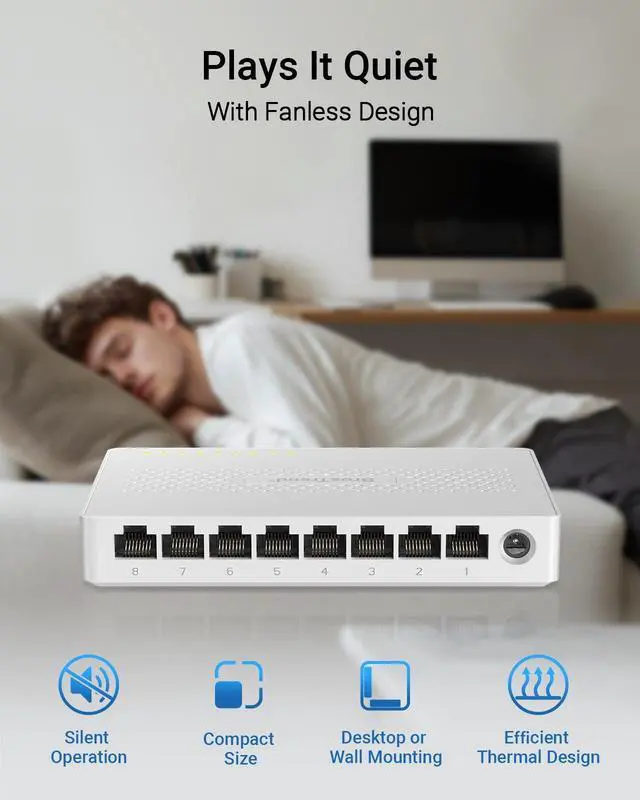 Alt view image 6 of 6 - 2.5Gb Switch, 8 Port Network Switch 2.5 Gigabit, Unmanaged Ethernet Switch for Game Console, NAS, PC, Computer Networking Switch Plug & Play Fanless, Desktop Wall Mount, Lifetime Protection