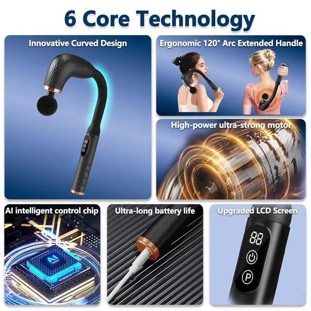 Alt view image 5 of 6 - _Mega Brand Massage Gun with Upgraded Extension Handle, Back Massager for Pain Relief Deep Tissue, Muscles/Neck/Shoulders/Waist/Legs Massager with 4 Massage Heads & 6 Speed Levels & 3 Massage Modes