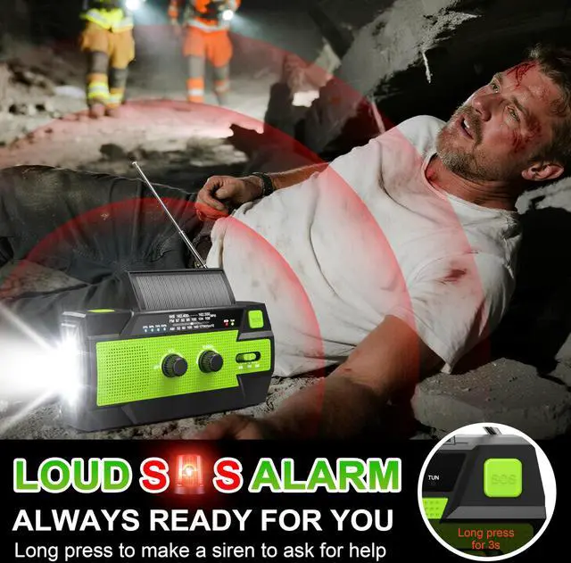 Alt view image 5 of 7 - Emergency Crank Weather Radio, 14800mWh Solar Hand Crank Portable AM/FM/NOAA Weather Radio with 1W 3 Mode Flashlight & Reading Lamp, Cell Phone Charger, SOS for Home and Emergency