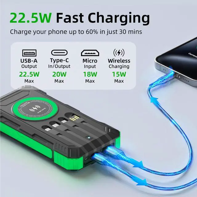 Alt view image 2 of 7 - _Mega Brand Solar Charger Power Bank 49800mAh Wireless Portable Phone Charger, 22.5W QC3.0 Fast Charging Built in 4 Cables with USB C 6 Outputs & 2 Inputs for All Cell Phone