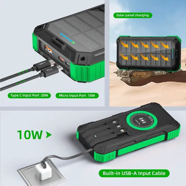 Alt view image 5 of 7 - _Mega Brand Solar Charger Power Bank 49800mAh Wireless Portable Phone Charger, 22.5W QC3.0 Fast Charging Built in 4 Cables with USB C 6 Outputs & 2 Inputs for All Cell Phone