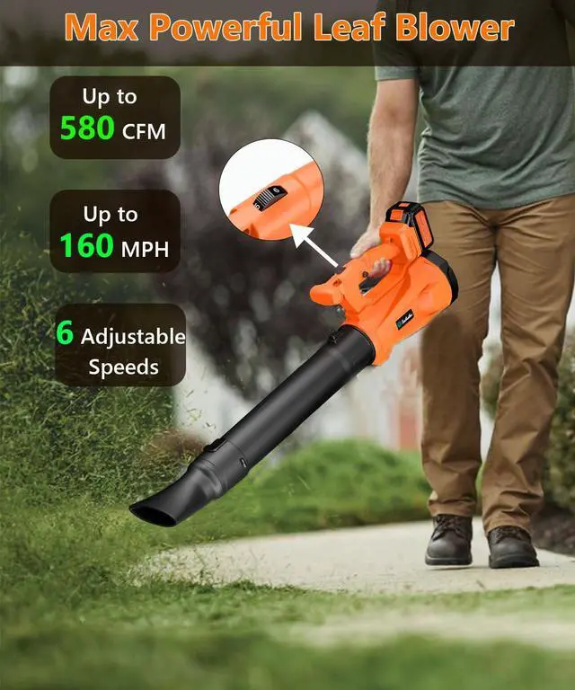 Alt view image 2 of 7 - _Mega Brand Leaf Blower Cordless with 2 3.0Ah Battery and Charger, 580CFM/160MPH Electric Leaf Blower with 6 Speed Modes, Cruise Control, Blowers for Lawn Care, Patios, Blowing Leaves and Dusts