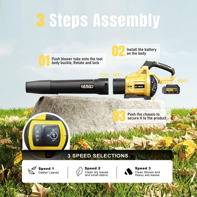Alt view image 6 of 7 - Leaf Blower Cordless, 650CFM & 3 Speed Levels, Electric Cordless Leaf Blower with 2 * 5.0Ah Battery Powered, Blowers for Lawn Care, Yard, Blowing Leaves, Dust, Snow