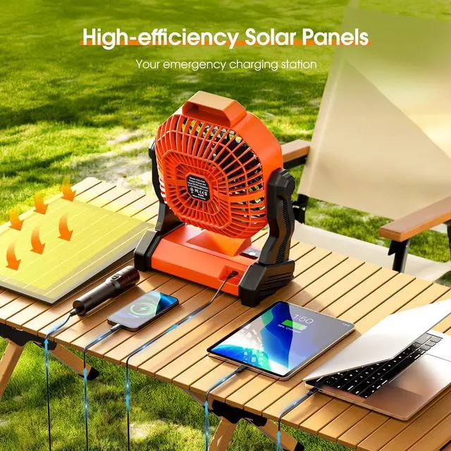 Alt view image 5 of 7 - _Mega Brand Rechargeable Solar Powered Fan,Solar Camping Fans & Led Lantern,8-inch Portable Fan with 7W Solar Panel, Battery Operated Powered Outdoor Tent Fans for Camping Essentials Accessories