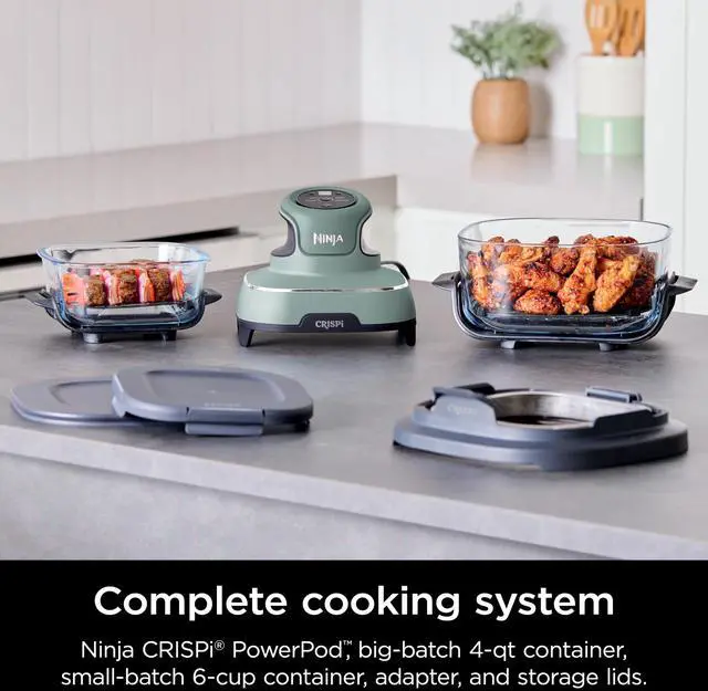 Alt view image 2 of 7 - _Mega Brand Crispi Air Fryer, Microwave, Freezer & Dishwasher Safe, Non Toxic Glass Portable Cooking System, 4 QT & 6 Cup Glass Containers with Storage Lids, Easy Meals, Air Fry, Bake, Green, FN101SG