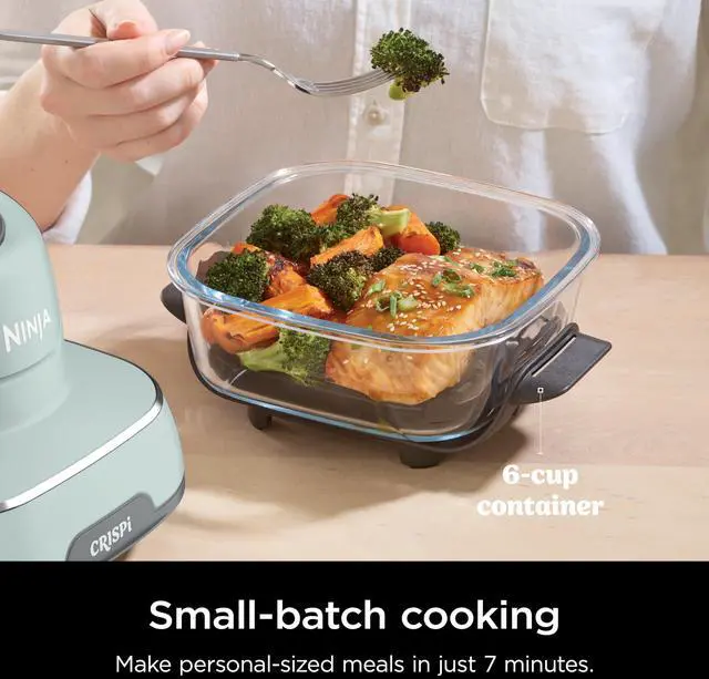 Alt view image 6 of 7 - _Mega Brand Crispi Air Fryer, Microwave, Freezer & Dishwasher Safe, Non Toxic Glass Portable Cooking System, 4 QT & 6 Cup Glass Containers with Storage Lids, Easy Meals, Air Fry, Bake, Green, FN101SG