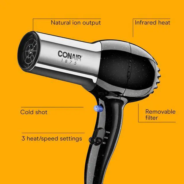 Alt view image 2 of 6 - _Mega Brand Hair Dryer, 1875W Full-Size Hair Dryer with Ionic Conditioning, Blow Dryer, Tourmaline Ceramic Technology for Quick Drying, Black/Chrome