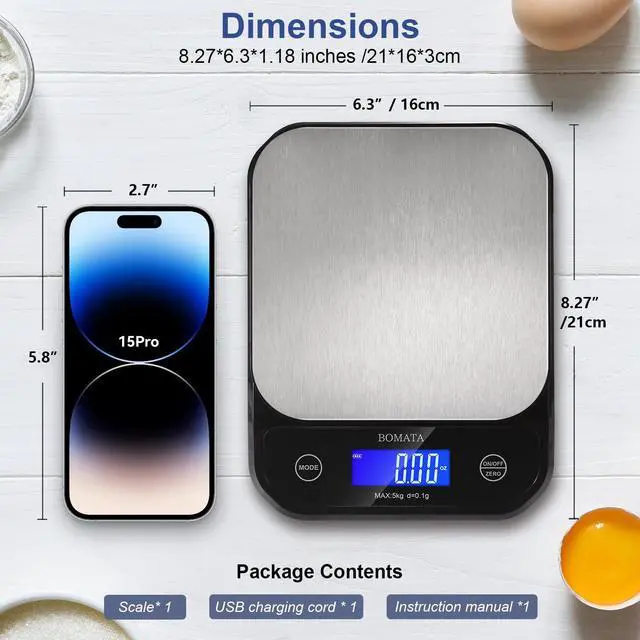 Alt view image 5 of 7 - _Mega Brand Waterproof Kitchen Scale, 0.1g/0.01oz High Precision, 5kg/11lb, Washable, USB Rechargeable, Digital Scale for Food,Cooking, Baking, Weight Loss