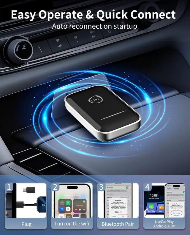 Alt view image 5 of 7 - _Mega Brand Wireless CarPlay Adapter for iPhone,  2-in-1 CarPlay & Android Auto Mini Adapter for Cars, Convert Wired to Wireless with USB/Type-C, Stable Control No Delay for iOS 10 Android 11