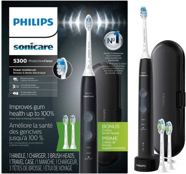 Main image of _Mega Brand ProtectiveClean 5300 Rechargeable Electric Toothbrush, with Pressure Sensor, 3 Cleaning Modes, SmarTimer and QuadPacer, with 2 Bonus Brush Heads, Travel Case, Black, Model HX6423/34