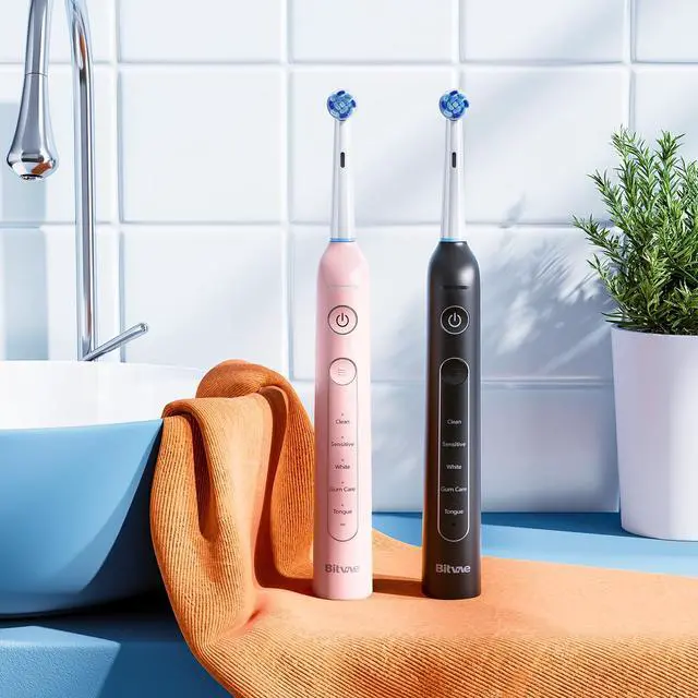 Alt view image 4 of 6 - _Mega Brand Rotating Electric Toothbrush 2 Packs for Adults with Pressure Sensor, Gifts for Men/Women, 5 Modes Rechargeable Power Toothbrush with 8 Brush Heads, Black & Pink, R2