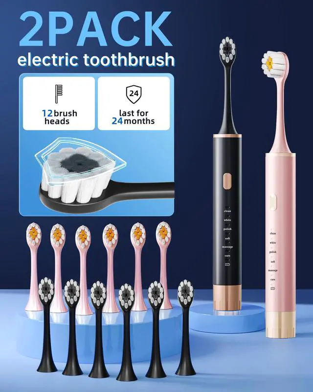 Alt view image 2 of 7 - _Mega Brand Black & Pink Electric Toothbrush for Adults, 2 Pack ToothbrushUSB Rechargeable Sonic Toothbrush with 12 Brush Heads, Smart Timer, 6 Modes, 2-Hour Fast Charge Last 30 Days