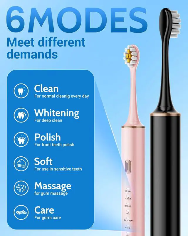 Alt view image 3 of 7 - _Mega Brand Black & Pink Electric Toothbrush for Adults, 2 Pack ToothbrushUSB Rechargeable Sonic Toothbrush with 12 Brush Heads, Smart Timer, 6 Modes, 2-Hour Fast Charge Last 30 Days