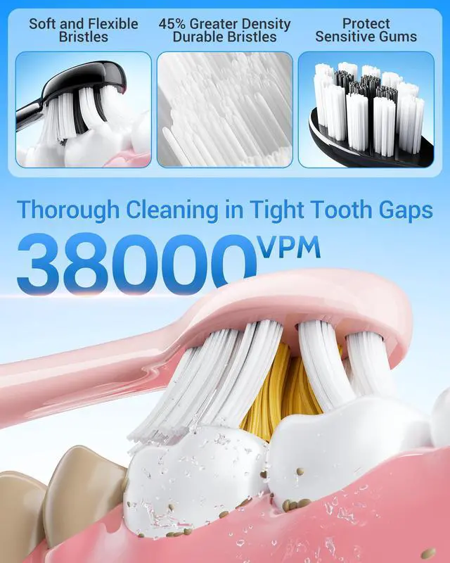 Alt view image 4 of 7 - _Mega Brand Black & Pink Electric Toothbrush for Adults, 2 Pack ToothbrushUSB Rechargeable Sonic Toothbrush with 12 Brush Heads, Smart Timer, 6 Modes, 2-Hour Fast Charge Last 30 Days