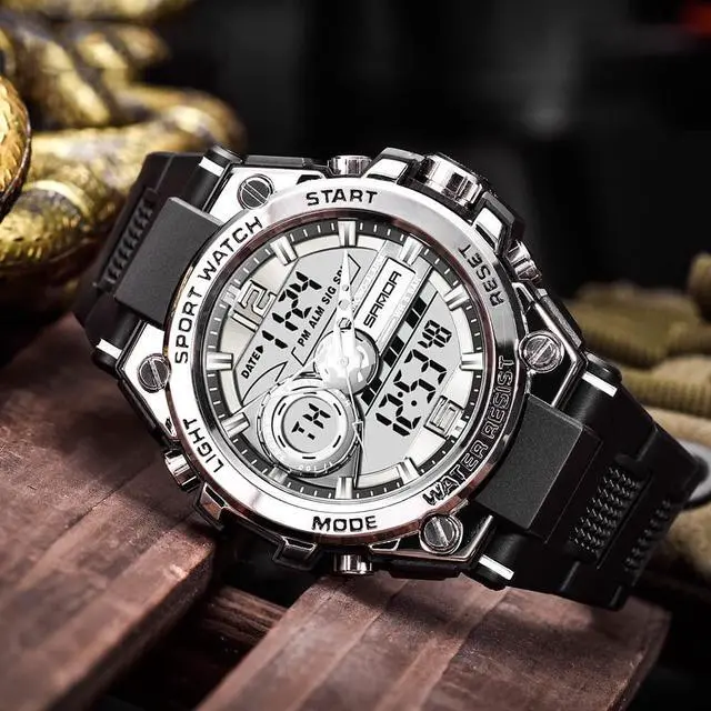 Alt view image 2 of 5 - _Mega Brand Men's Watches Sports Outdoor Waterproof Military Watch Date Multi Function Tactics LED Face Alarm Stopwatch for Men (6092_Silver)