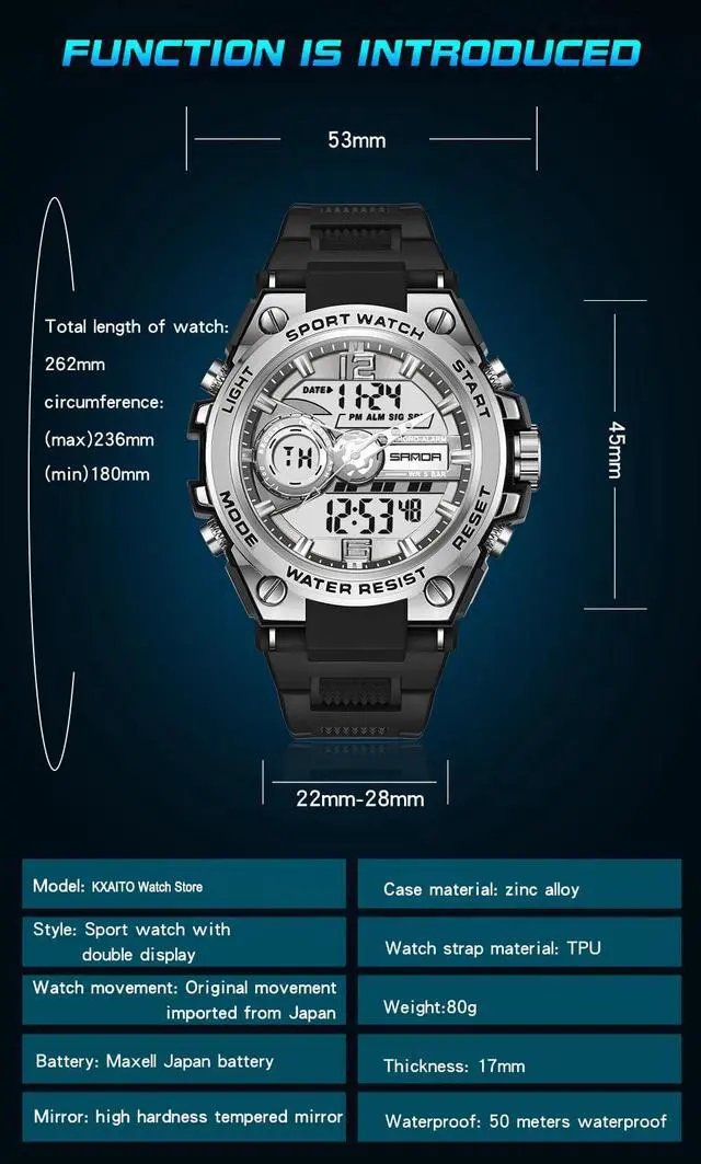 Alt view image 4 of 5 - _Mega Brand Men's Watches Sports Outdoor Waterproof Military Watch Date Multi Function Tactics LED Face Alarm Stopwatch for Men (6092_Silver)