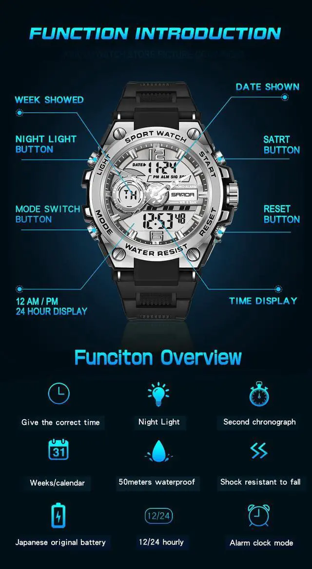 Alt view image 5 of 5 - _Mega Brand Men's Watches Sports Outdoor Waterproof Military Watch Date Multi Function Tactics LED Face Alarm Stopwatch for Men (6092_Silver)