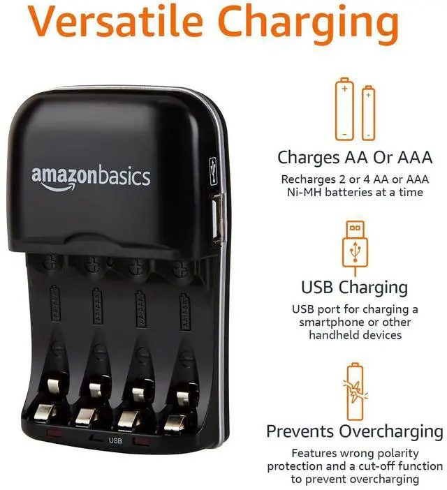 Alt view image 4 of 6 - _Mega Brand  Rechargeable Battery Charger for AA & AAA Nickel-Metal Hydride (NiMH) Batteries with USB Charging Port, Black