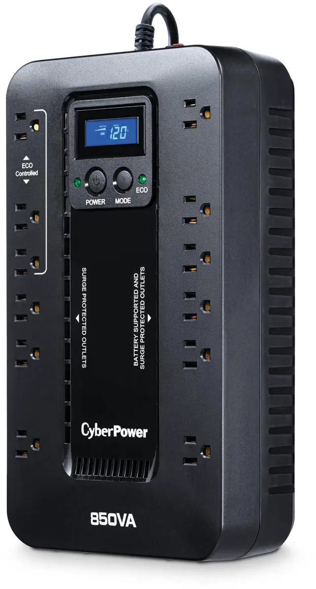 Alt view image 2 of 7 - _Mega Brand EC850LCD Ecologic UPS Battery Backup and Surge Protector, 850VA/510W, 12 Outlets, ECO Mode, Compact, UL Certified