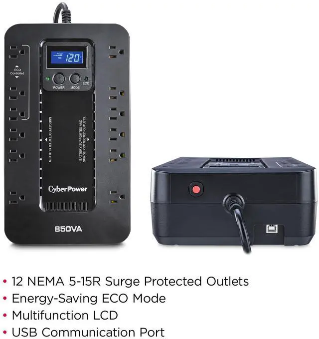 Alt view image 5 of 7 - _Mega Brand EC850LCD Ecologic UPS Battery Backup and Surge Protector, 850VA/510W, 12 Outlets, ECO Mode, Compact, UL Certified