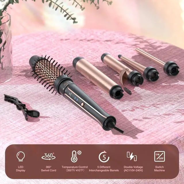 Alt view image 2 of 6 - _Mega Brand 5 in 1 Curling Iron Set-Instant Heat Hair Curling Wand Set with Curling Brush,4 Interchangeable Ceramic Wands (0.35-1.25) and Heat Protective Glove & 2 Clips for Girls and Women