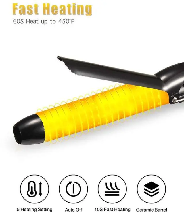 Alt view image 4 of 7 - _Mega Brand 1.25 Inch Clipped Curling Iron with Extra Long Tourmaline Ceramic Barrel, Professional 1 1/4 Inch Hair Curler up to 450°F Dual Voltage for Traveling, Hair Waving Style ToolBlack