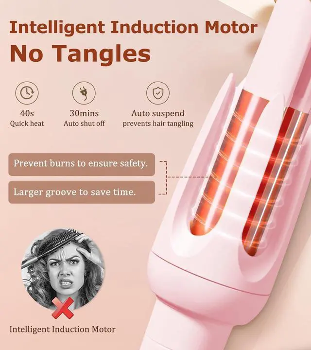 Alt view image 5 of 7 - _Mega Brand Auto Hair Curler, Automatic Curling Iron with 4 Temperature & 3 Timer, Automatic Shut-Off, Anti-Scald, Anti-Tangle Rotating Curling Wand for Hair Styling, Pink